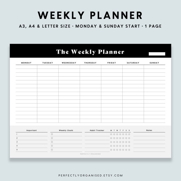 PRINTABLE Weekly Planner (Design 3) | Desk Planner, Weekly Schedule, Weekly Organiser, Wall Planner, Family Planner, Classic, A3 A4 Letter