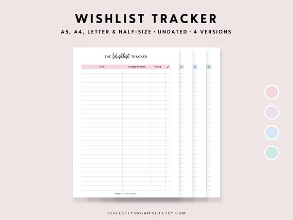 Wishlist Tracker Printable: Pastel Budgeting Pages (A5 A4 Letter PDF)