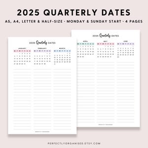 Fechas trimestrales de 2025 / Resumen de 3 meses de 2025, Fechas de 2025, Planificador trimestral de 2025, Pastel, A5 Carta A4 de tamaño medio IMPRIMIBLE