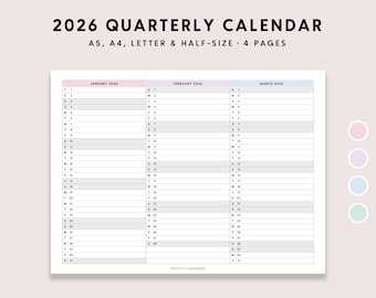 2026 Quarterly Calendar Printable: Pastel Foldout Quarterly Planner (A5 A4 Letter PDF)