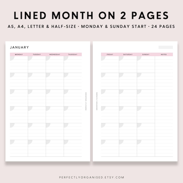 PRINTABLE Lined Month On 2 Pages | Undated Monthly Planner, Monthly Inserts, Monthly Calendar, Classic, A5 Half-size A4 Letter