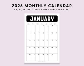 SALE! 2026 Monthly Calendar Printable: Monthly Planner (A4 A3 Letter Ledger PDF)