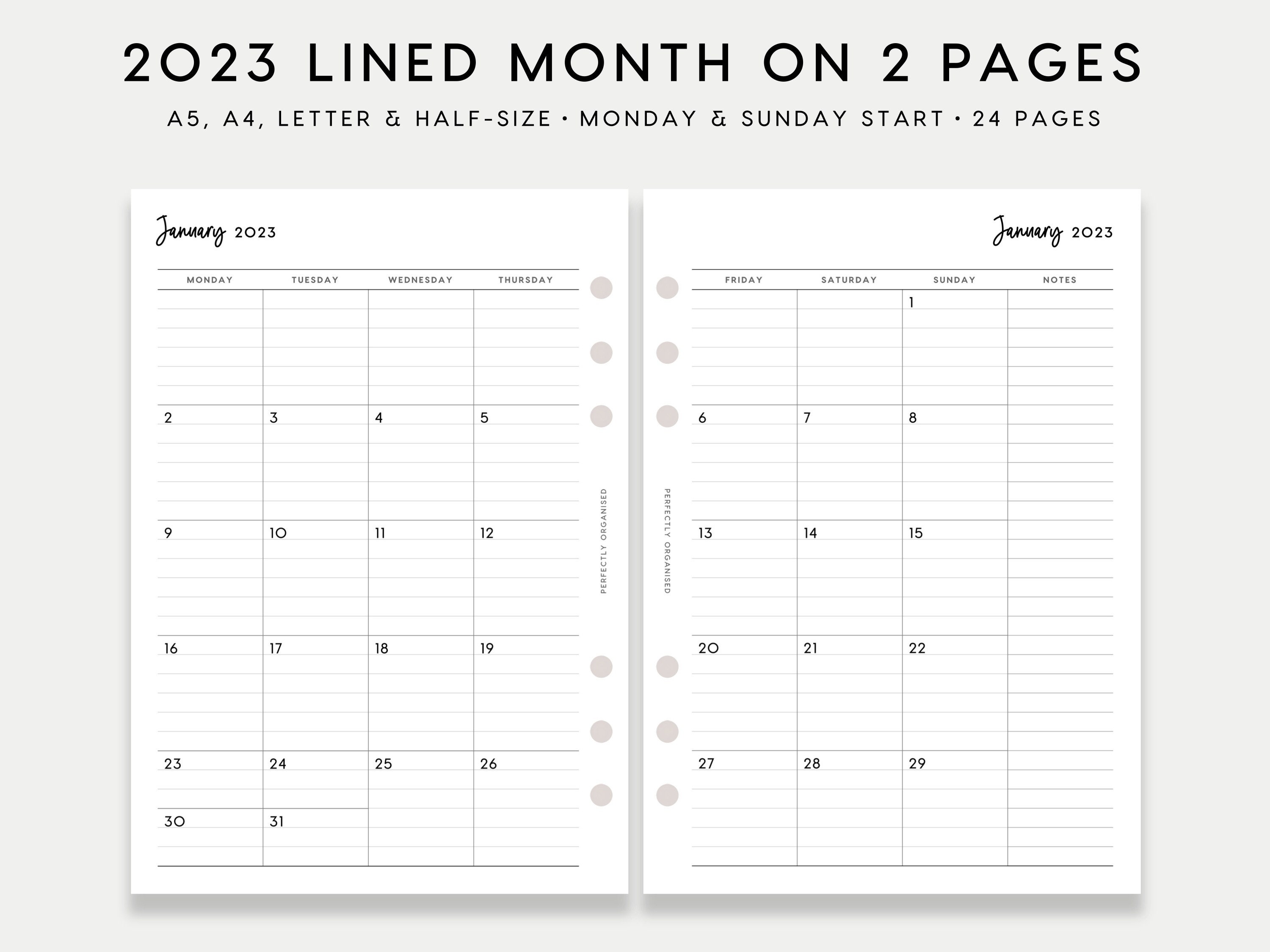 PRINTABLE 2023 Lined Month on 2 Pages 2023 Monthly Planner Etsy