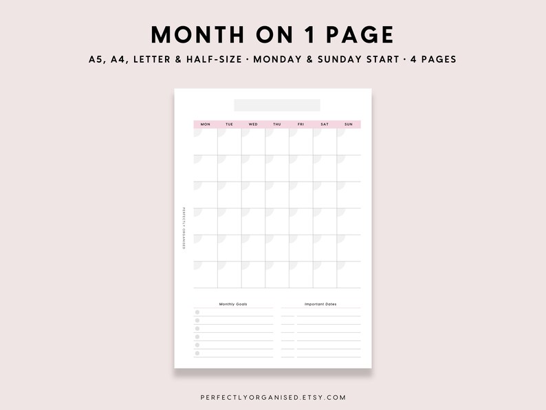 PRINTABLE Undated Month on 1 Page Undated Monthly Planner, Monthly ...