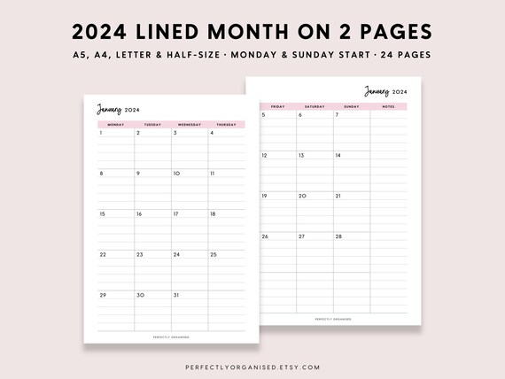 2024 Monthly to Do List on Two Pages, Productivity Monthly Planner  Printable, Monthly Agenda, Sunday/monday Start, A4/a5/letter/half 