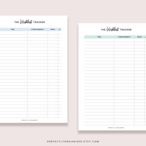 May include: Two white printable wishlist tracker sheets. The top of each sheet has the words "The Wishlist Tracker" in a handwritten font. The sheets have columns for item, store/website, price, and a check box. The bottom of the sheets say "Perfectly Organised".