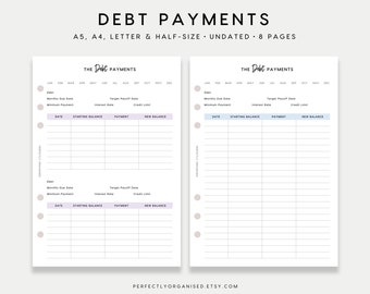 PRINTABLE Debt Payments | Debt Repayment Pages, Debt Pages, Debt Finance, Undated, Pastel, A5 Half-size A4 Letter