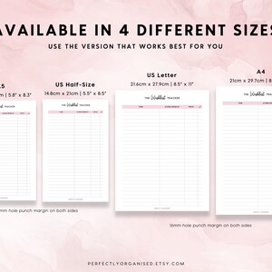 May include: A product listing showing four different sizes of a wishlist tracker. The sizes include A5 (5.8" x 8.3"), US Half-Size (5.5" x 8.5"), US Letter (8.5" x 11"), and A4 (8.3" x 11.7"). Each tracker has a pink header and is lined.