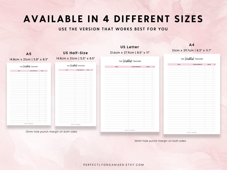 May include: A product listing showing four different sizes of a wishlist tracker. The sizes include A5 (5.8" x 8.3"), US Half-Size (5.5" x 8.5"), US Letter (8.5" x 11"), and A4 (8.3" x 11.7"). Each tracker has a pink header and is lined.