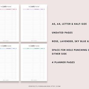 May include: Four undated planner pages in rose, lavender, sky blue, and mint. Each page has a header that reads "The Wishlist Tracker" and includes space for item, store/website, and date. The pages are available in A5, A4, letter, and half-size.