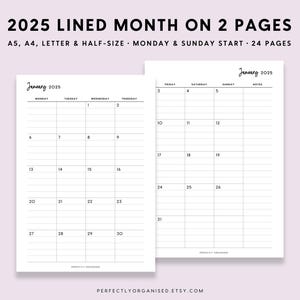 Mes forrado 2025 en 2 páginas / Planificador mensual 2025, Calendario mensual 2025, Inserciones mensuales, Clásico, A5 Carta A4 de tamaño medio IMPRIMIBLE