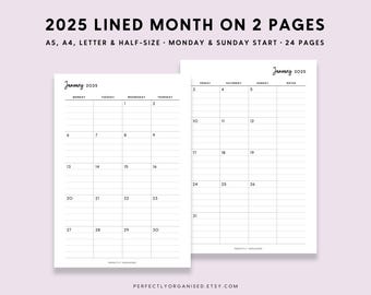 2025 Lined Month On 2 Pages | 2025 Monthly Planner, 2025 Monthly Calendar, Monthly Inserts, Classic, A5 Half-Size A4 Letter PRINTABLE