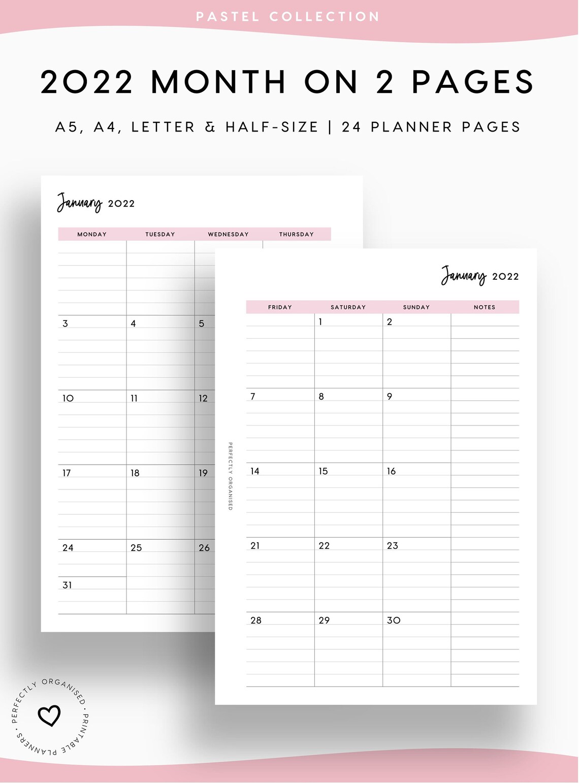 new printable 2022 lined month on 2 pages 2022 monthly etsy