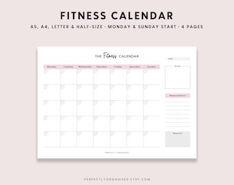 PRINTABLE Fitness Calendar | Monthly Workout Calendar, Fitness Planner, Exercise Calendar, Pastel, A5 Half-Size A4 Letter