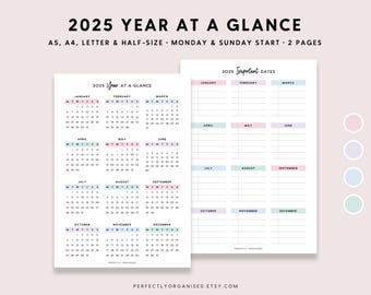 2025 Year At Glance & Important Dates | 2025 Calendar, 2025 Planner, 2025 Overview, Pastel, A5 Half-size A4 Letter PRINTABLE
