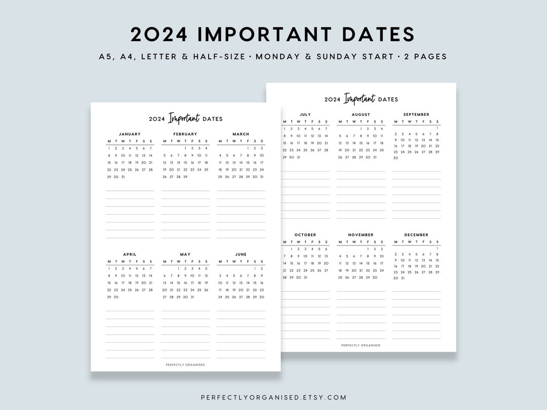PRINTABLE 2024 Important Dates 2024 Monthly Dates Overview Etsy