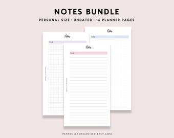 May include: A set of three printable planner pages for note-taking. The pages are designed in a minimalist style with a title bar and lines for writing. The pages are labeled "Notes" and are available in three colors: light blue, pink, and white.