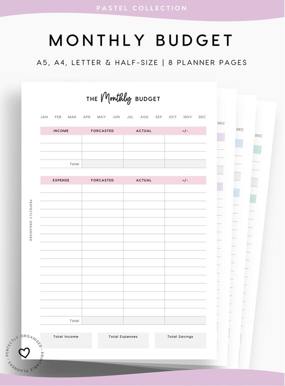 A5 & US Letter Printable Monthly Budget Planner Half Letter 4 Sizes ...
