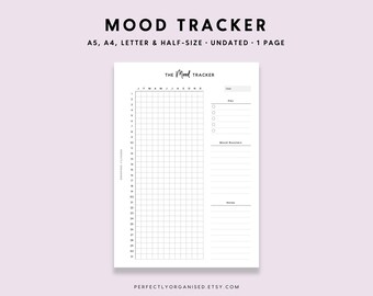 May include: A black and white printable mood tracker with a grid for tracking moods and a section for notes, mood boosters, and key. The title is "The Mood Tracker".