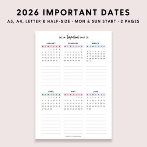 2026 Important Dates Printable: Planner Yearly Planner (A5 A4 Letter PDF)