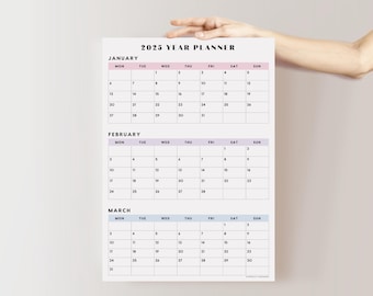 2025 Quarterly Planner 2 | 2025 Large Wall Calendar, 2025 Quarterly Calendar, Vertical Calendar, Pastel, A1 A2 18x24 24x36 30x40 PRINTABLE