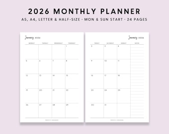 2026 Monthly Planner Printable: Month On 2 Pages (A5 A4 Letter PDF)