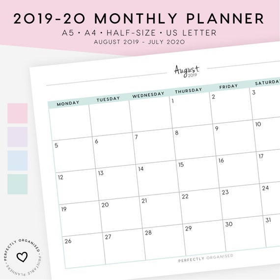 2019 2020 mid year monthly planner printable academic year month on 1 page monthly calendar pastel a5 half letter a4 letter year month calendar
