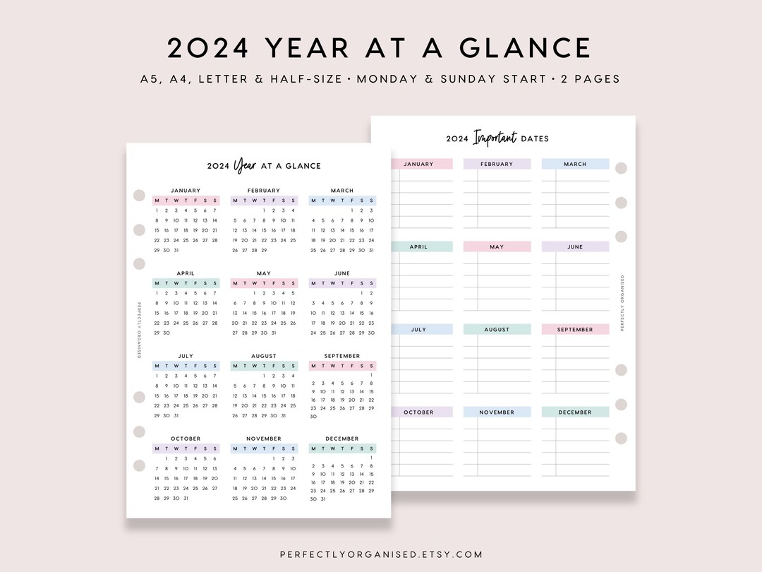 PRINTABLE 2024 Year at Glance & Important Dates 2024 Etsy