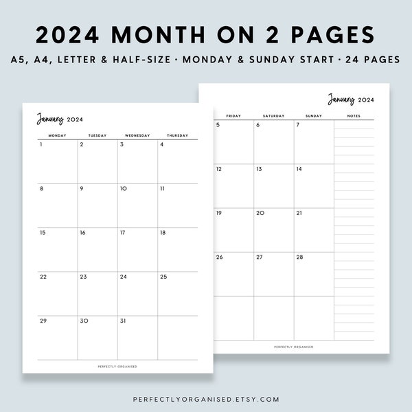 PRINTABLE 2024 Month On 2 Pages | 2024 Monthly Planner, 2024 Monthly Inserts, Monthly Calendar, Classic, A5 Half-Size A4 Letter