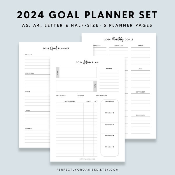 PRINTABLE 2024 Goal Planner | 2024 Goal Planning, 2024 Goal Pages, 2024 Goals Tracker, Classic, A5 Half-Size A4 Letter