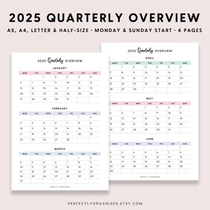 Resumen trimestral de 2025 / Resumen de 3 meses de 2025, Calendario 2025, Planificador 2025, Pastel, A5 Carta A4 de tamaño medio IMPRIMIBLE