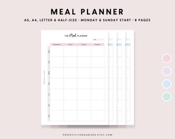 Peut inclure: Modèle de planificateur de repas imprimable avec le texte "THE Meal PLANNER" en haut. Le planificateur est divisé en sections pour le petit-déjeuner, le déjeuner, le dîner et les collations. Le planificateur est disponible dans les formats A5, A4, Letter et Half-size. Il comprend 8 pages et commence un lundi et un dimanche.