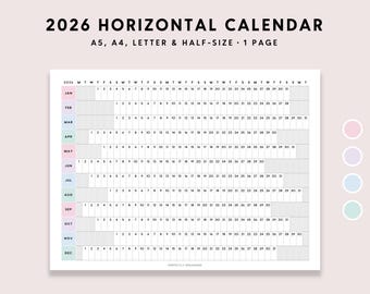 2026 Horizontal Calendar Printable: Pastel Foldout Yearly Calendar (A5 A4 Letter PDF)