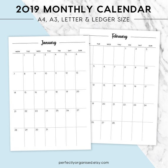 NEW 2019 Monthly Calendar Printable A4 A3 Letter Ledger