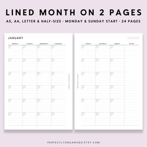 Mes forrado en 2 páginas / Planificador mensual sin fecha, Inserciones mensuales, Calendario mensual, Clásico, A5 Carta A4 de tamaño medio IMPRIMIBLE