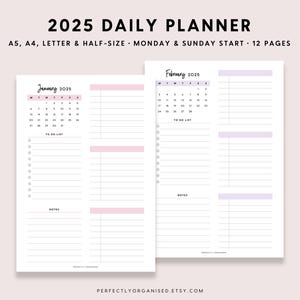 2025 1 ページに 1 日 | 2025 日めくりプランナー、2025 日めくりページ、2025 日めくり 1 ページ、2025 日めくりプランナー、クラシック、A5 ハーフサイズ A4 レター 印刷可能