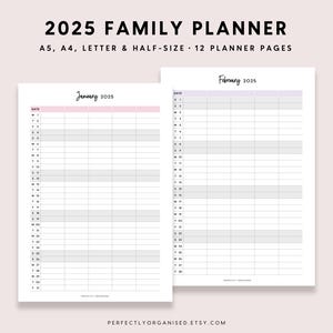 Planejador Familiar 2025 | Calendário Familiar 2025, Planejador Mensal 2025, Calendário Mensal 2025, Pastel, A5 Meio tamanho A4 Carta IMPRIMÍVEL