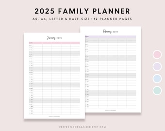 2025 Family Planner | 2025 Family Calendar, 2025 Monthly Planner, 2025 Monthly Calendar, Pastel, A5 Half-size A4 Letter PRINTABLE