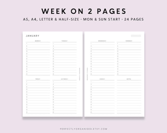 Week On 2 Pages Printable: Weekly Planner Pages (A5 A4 Letter PDF)