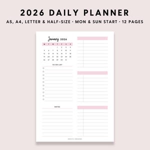2026 Daily Planner Printable: Pastel Day On 1 Page (A5 A4 Letter PDF) image 1