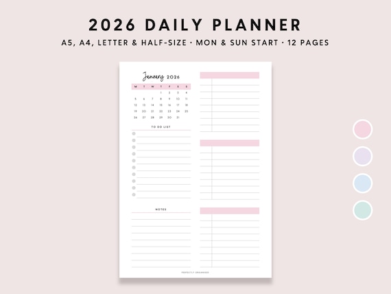 2026 Daily Planner Printable: Pastel Day On 1 Page (A5 A4 Letter PDF)