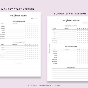 May include: Printable skincare routine tracker with a black and white design. The tracker includes sections for morning and evening routines, with space to list products and check off days of the week. The tracker has two versions: Monday start and Sunday start.