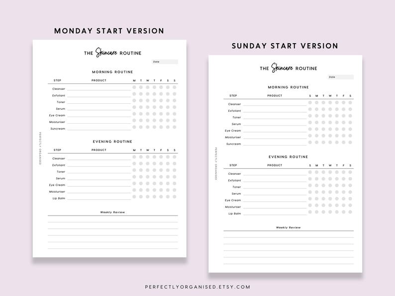 May include: Printable skincare routine tracker with a black and white design. The tracker includes sections for morning and evening routines, with space to list products and check off days of the week. The tracker has two versions: Monday start and Sunday start.