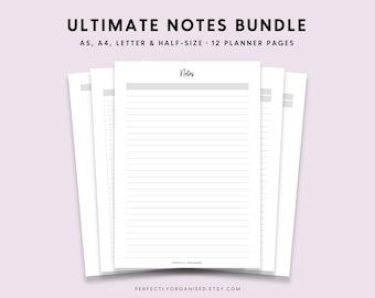 May include: A stack of white planner pages with lined and grid layouts. The text "ULTIMATE NOTES BUNDLE" is at the top, with "A5, A4, LETTER & HALF-SIZE - 12 PLANNER PAGES" below. The word "Notes" is written in a script font. The website perfectlyorganised.etsy.com is at the bottom.