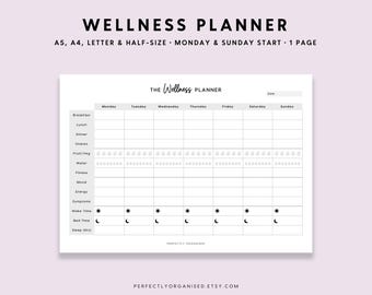 May include: A black and white printable wellness planner with a daily schedule for tracking meals, water intake, mood, energy, symptoms, sleep, and wake-up time. The planner includes the text "THE Wellness PLANNER" and "PERFECTLY ORGANISED".
