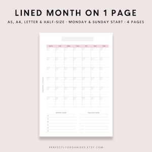 PRINTABLE Lined Month On 1 Page | Undated Monthly Planner, Monthly Calendar, Undated Calendar, Pastel, A5 Half-size A4 Letter