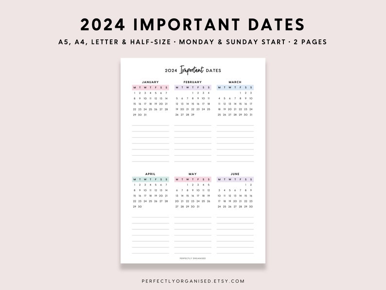 PRINTABLE 2024 Important Dates 2024 Monthly Dates Overview, 2024 ...