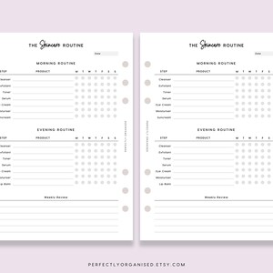 May include: A printable skincare routine planner with sections for morning and evening routines. The planner includes a list of skincare steps, a space to write in the product used, and a grid to track usage throughout the week.