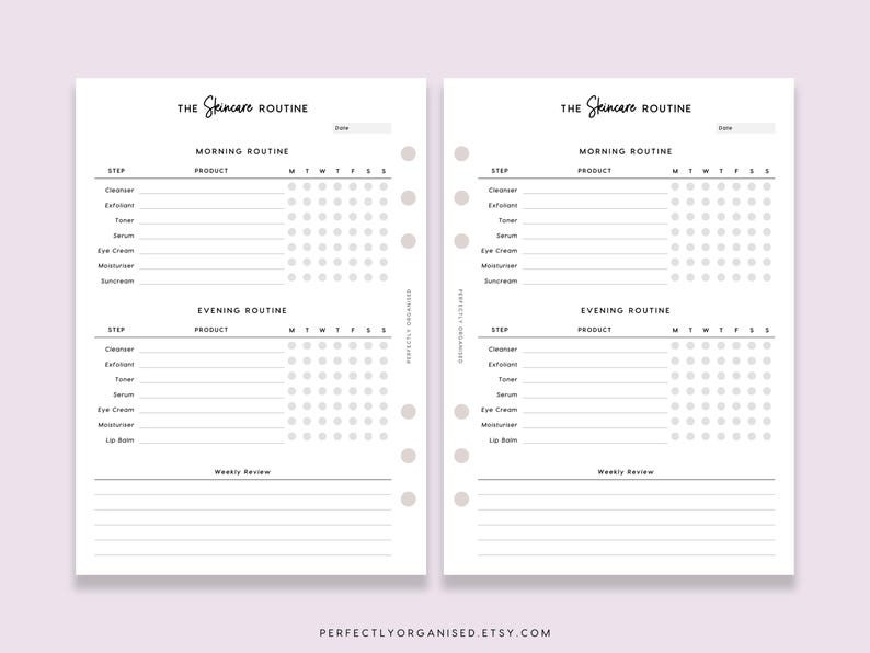 May include: A printable skincare routine planner with sections for morning and evening routines. The planner includes a list of skincare steps, a space to write in the product used, and a grid to track usage throughout the week.