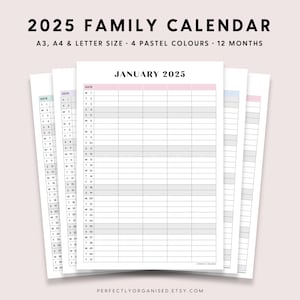 Calendário da Família 2025 | Planejador da Família 2025 para Imprimir, Calendário de Mesa 2025, Calendário Mensal 2025, Pastel, Carta A3 A4 PARA IMPRIMIR